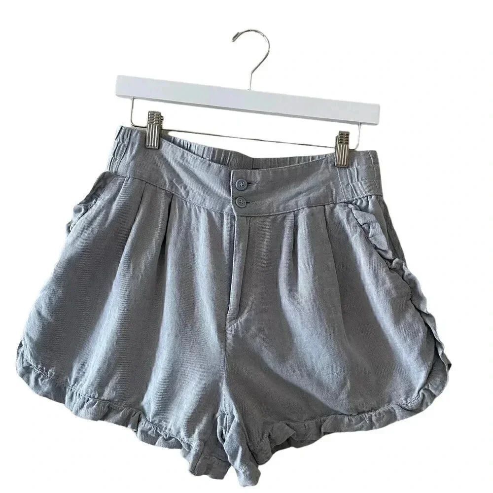 Who What Wear Cotton High Waist Scallop Blue Elastic Waist Pockets Shorts Sz 8